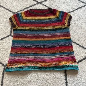 Hand Knit Multicolor Rainbow Striped Sweater Top Short Sleeve Pullover